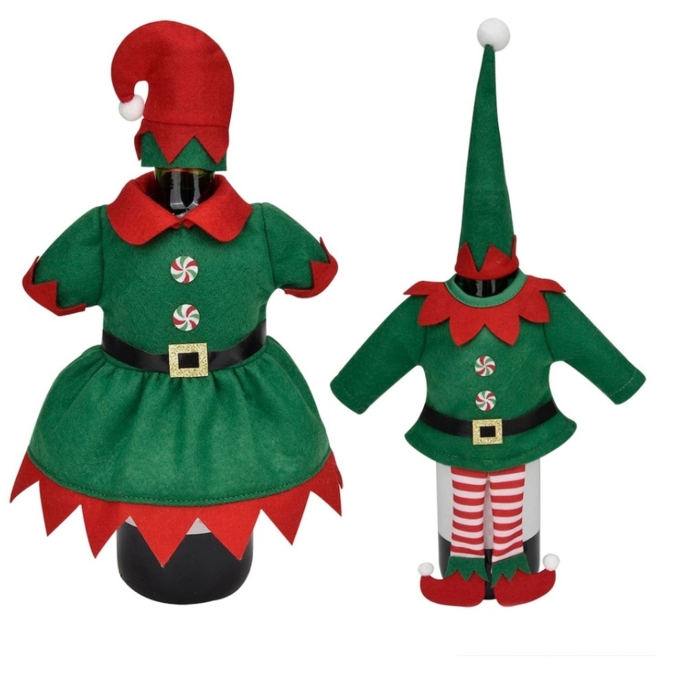 Wine Cover Christmas Elves Boy Girl Set of 2 Gift Bag Cloth Holiday NEW